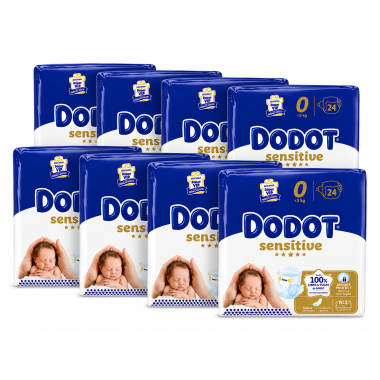 Pañales Dodot Sensitive Talla 0 Recién Nacido (0-3 kg) Pack Ahorro 192Unidades (8x24) – Suavidad Extrema + Barrera Stop Fugas