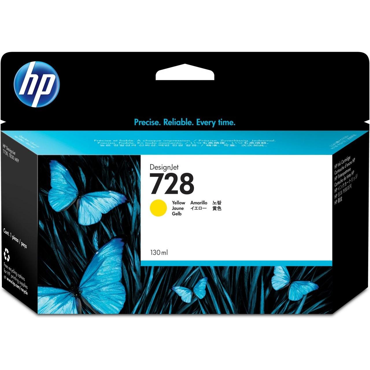 HP - Cartucho de tinta F9J65A amarillo original para impresoras HP DesignJet T730 y T830, capacidad 130 ml, formulación a base de colorante para impresión nítida y vibrante