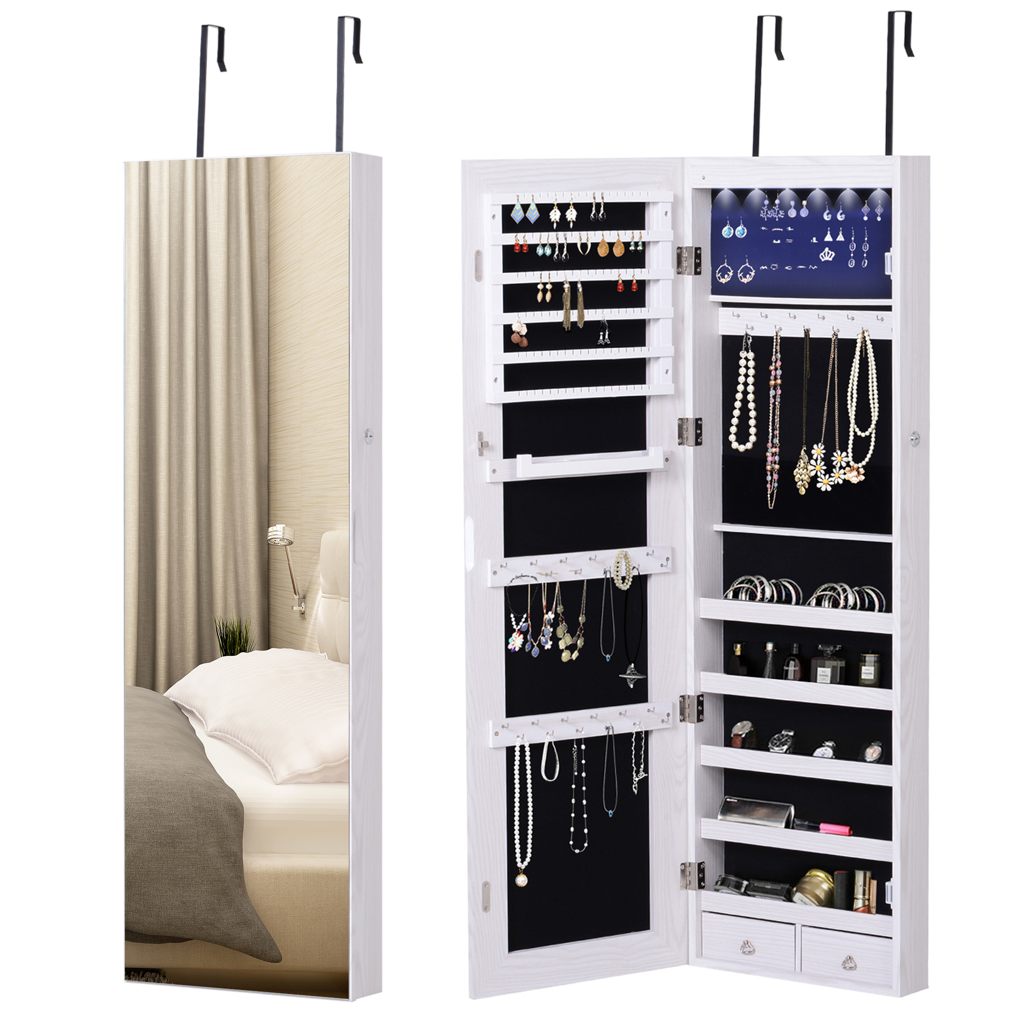 HOMCOM Espejo Joyero Colgante de Pared o Puerta con LED 5 Estantes 2 Cajones Pequeños Espejo Armario Montado con Cerradura para Dormitorio 37x120x10 cm Blanco