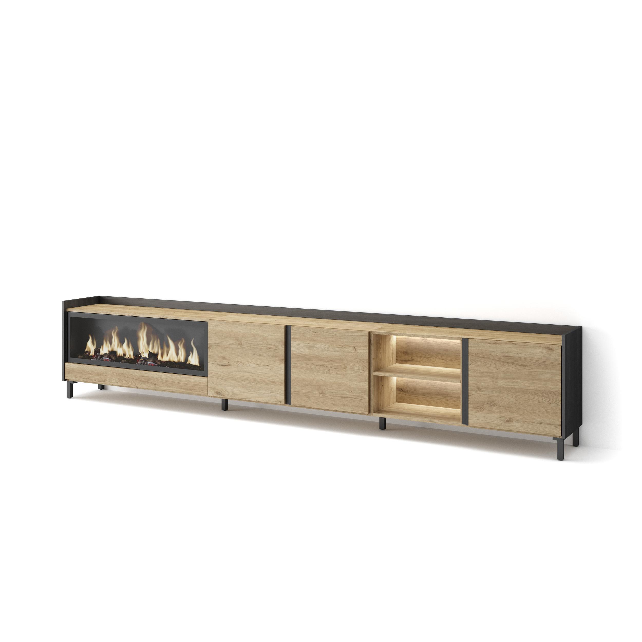 Mueble TV, Televisión, 315x35x61cm, Para TV hasta 80", Chimenea eléctrica XXL, Diseño industrial, LED