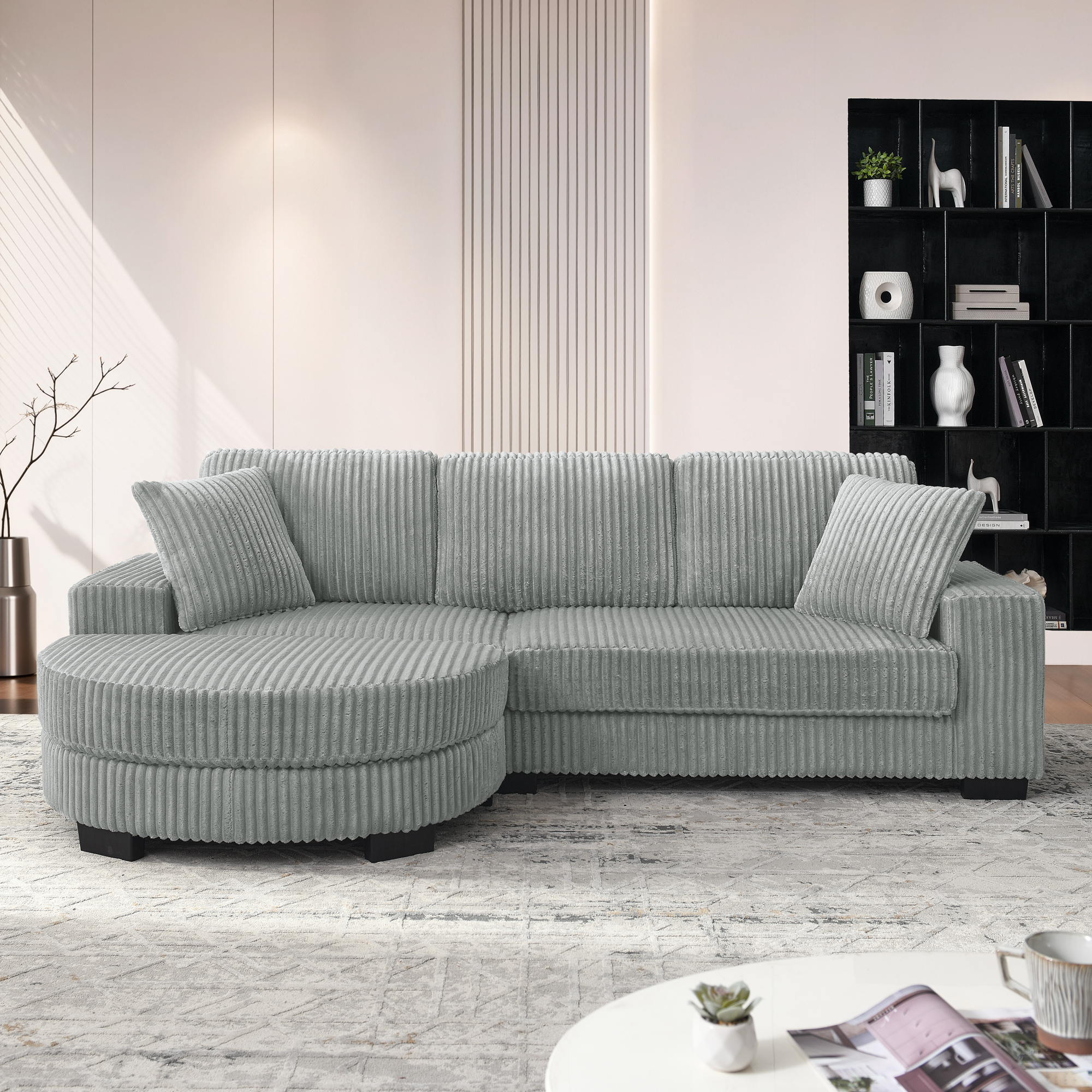 Canapé d’angle en L gris 4 places en velours côtelé avec pouf ovale et 2 coussins