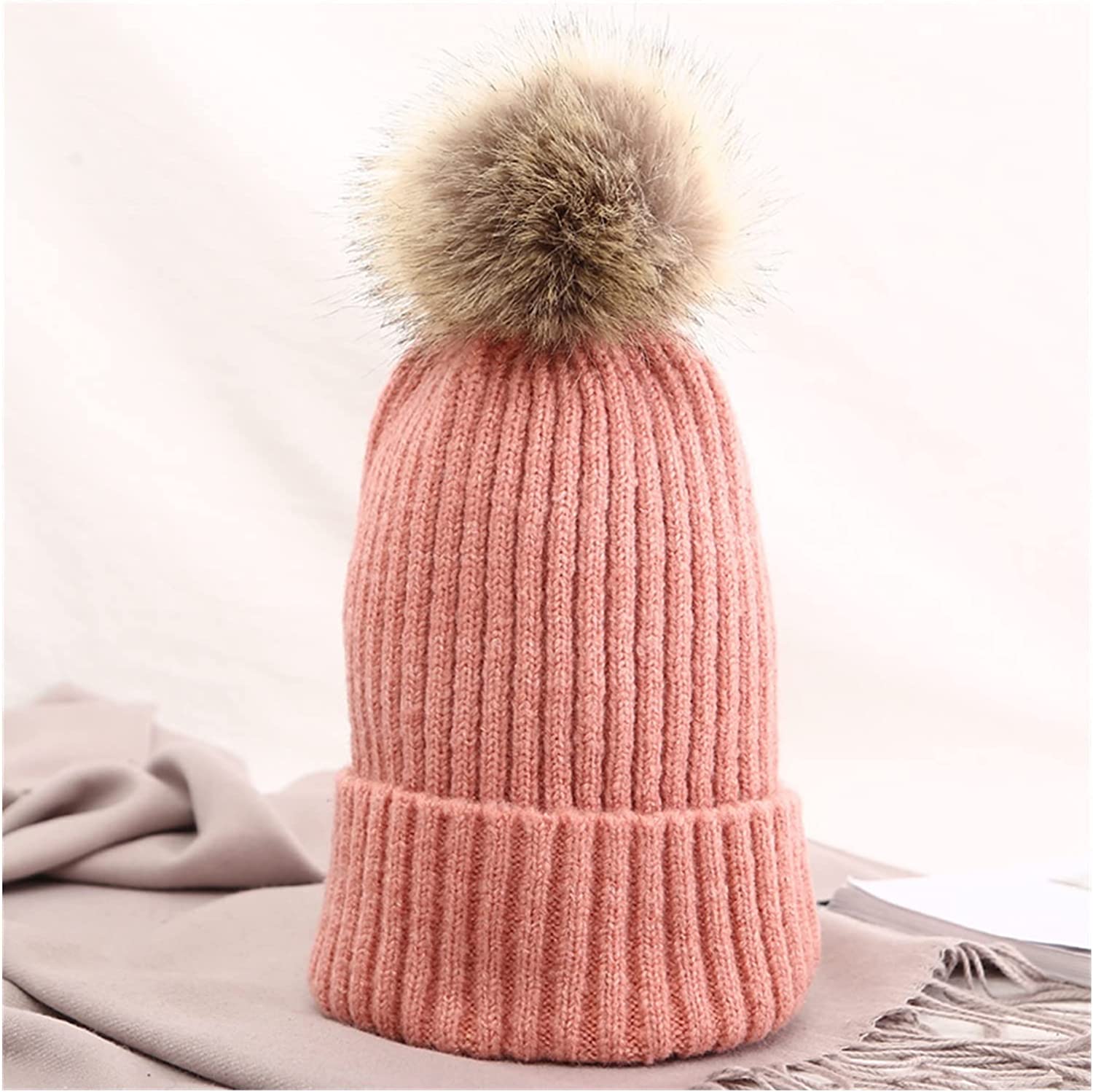 GreatAigoo Gorro de Invierno con pompón de pelo autentico, Gorro de esquí Grueso y Holgado, Efecto Liso