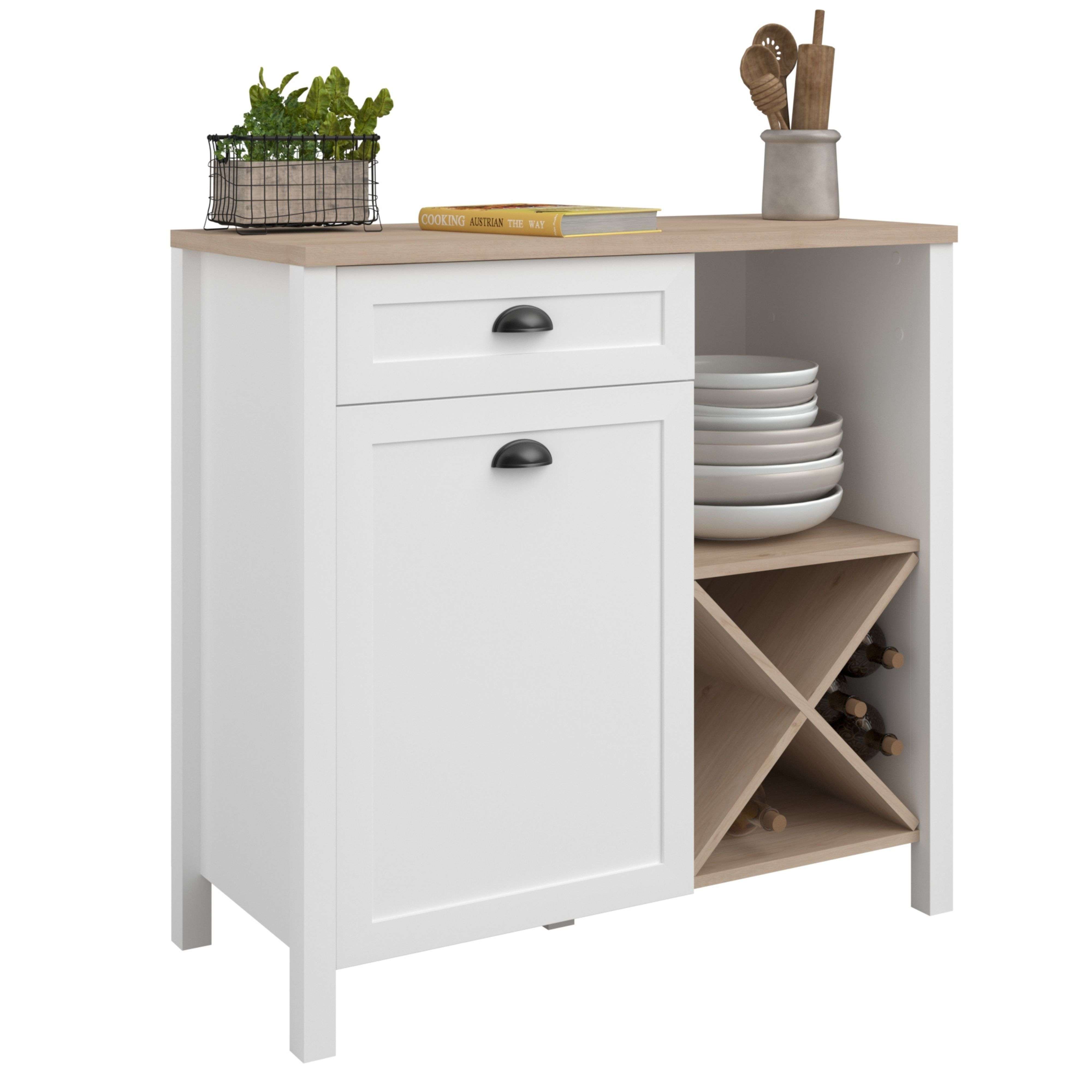 Miroytengo Mueble de Cocina Buffet Bajo Coper con Botellero Estilo Nórdico Color Blanco y Roble Jackson 95x92 cm