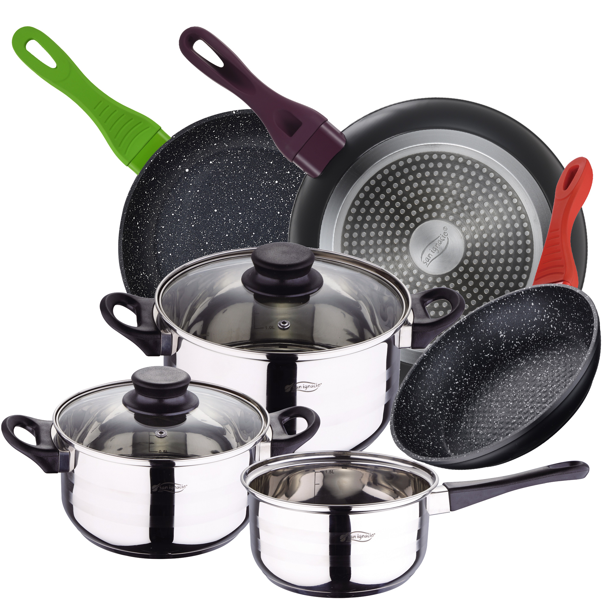 Bateria de cocina de 5 piezas en acero inoxidable con juego de sartenes SAN IGNACIO(20,24,28 cm) en aluminio forjado