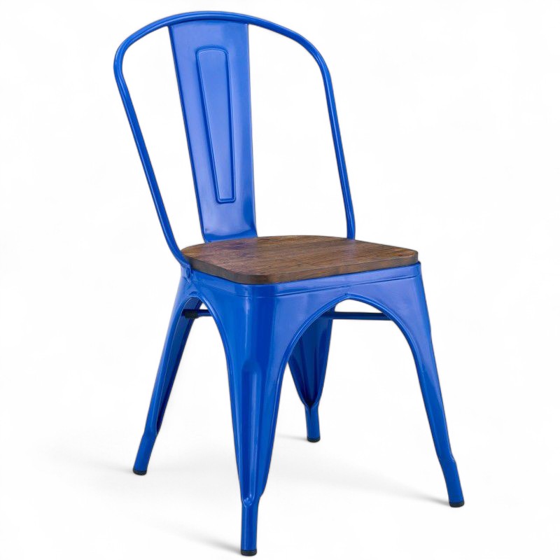 ORION91oficial® - Silla Acero BETA EDITION Azul y Asiento Madera Apilable (85x43x45 cm) Estilo Industrial, Comedor, Hostelería, Oficina, Salón, Teletrabajo, Cocina - spaziOrion91