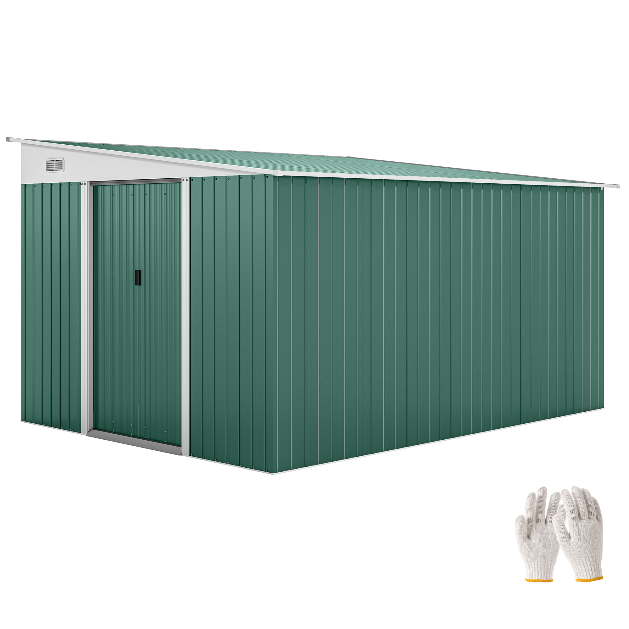 Outsunny Cobertizo de Jardín Exterior 8,9 m² 280x345x201 cm Caseta de Jardín Exterior Metálica con 2 Puertas Corredizas y 2 Ventanas para Almacenamiento de Herramientas Verde
