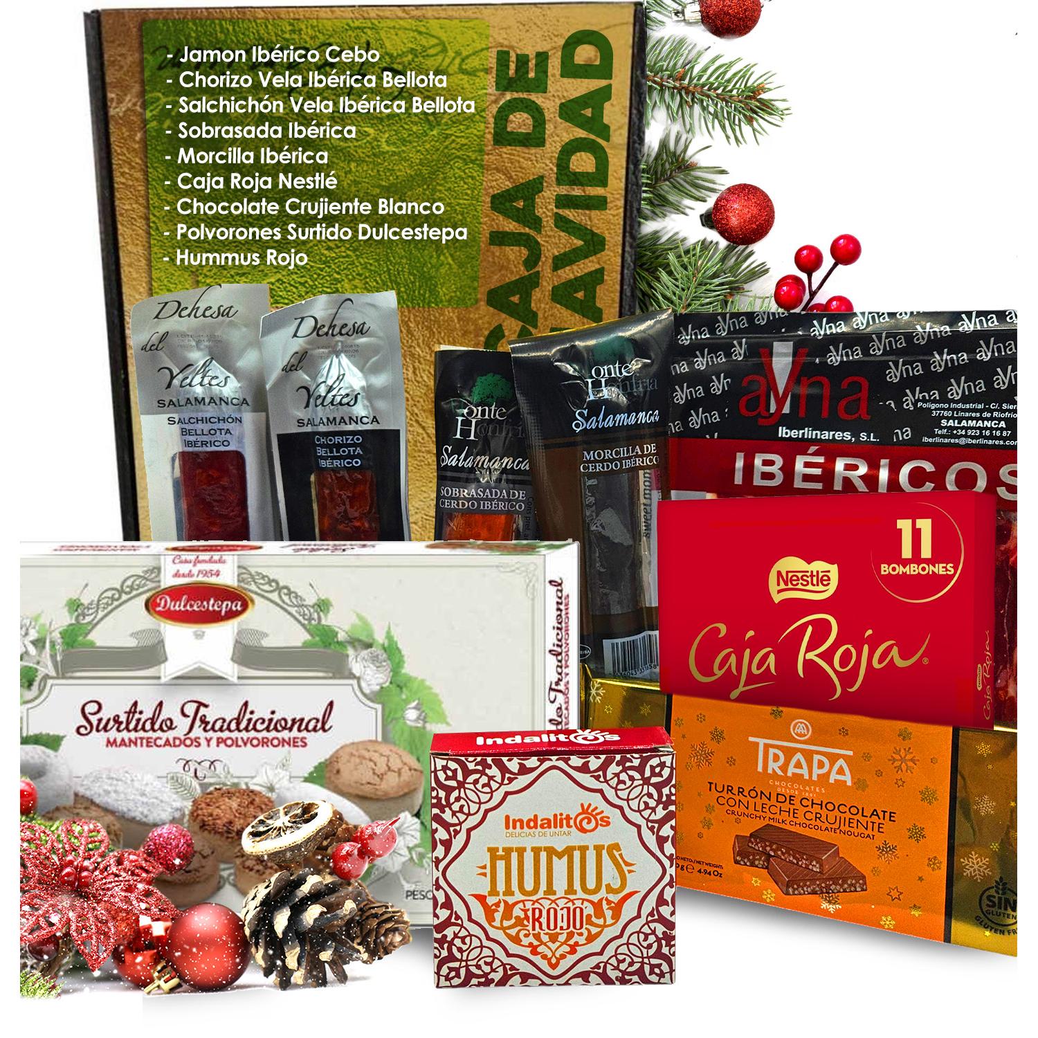 Caja de Navidad IBERICA: Jamón Iberico Cebo + 4 Embutidos Ibericos + Bombones Caja Roja + Polvorones + Turron Crujiente + Hummus. Caja Nº L