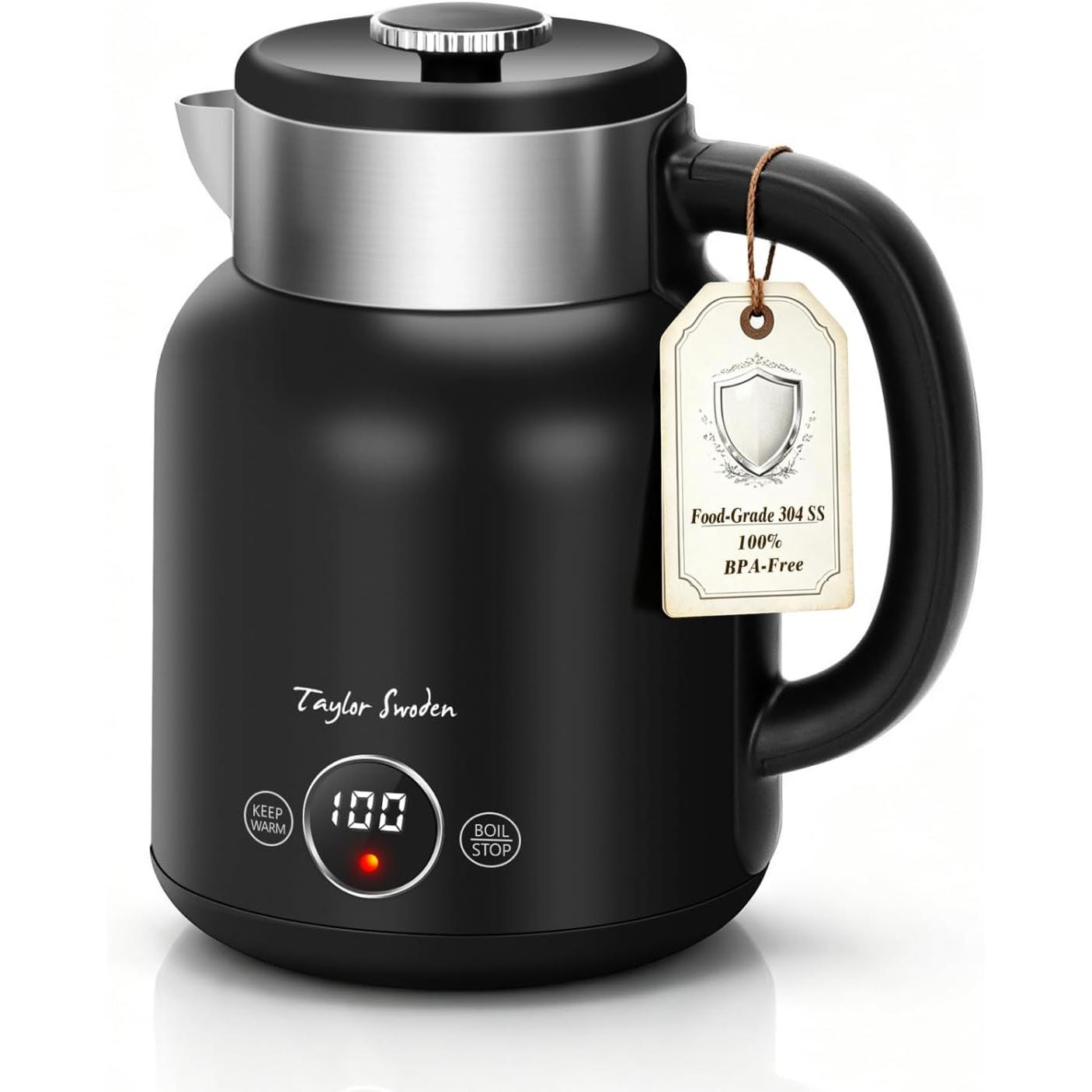 Taylor Swoden Hervidor de Agua, Temperatura Ajustable, Pantalla LED con Visualización de Temperatura.Doble Pared de Acero Inoxidable, Función Mantener Temperatura. (1.7L, 2200W)