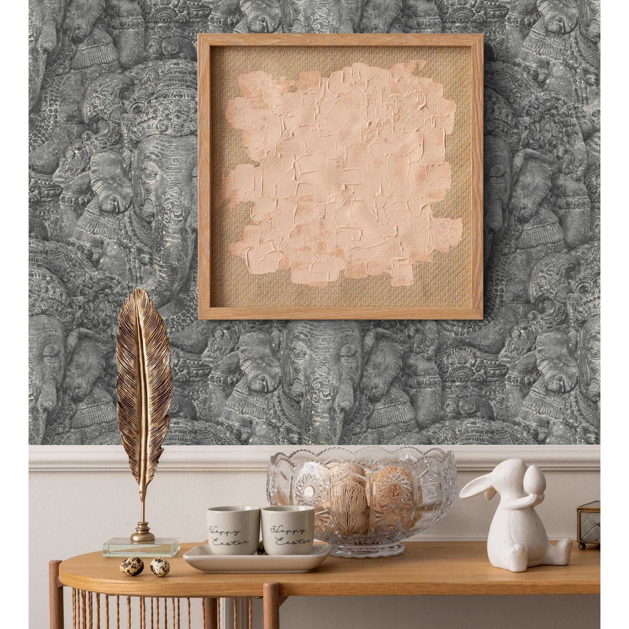 Papel pintado vinílico diseño de elefantes dios hindú Ganesha Shabby Chic color gris oscur - Chaisia 8809 de GAULAN - Rollo de 10 m x 0,53 m