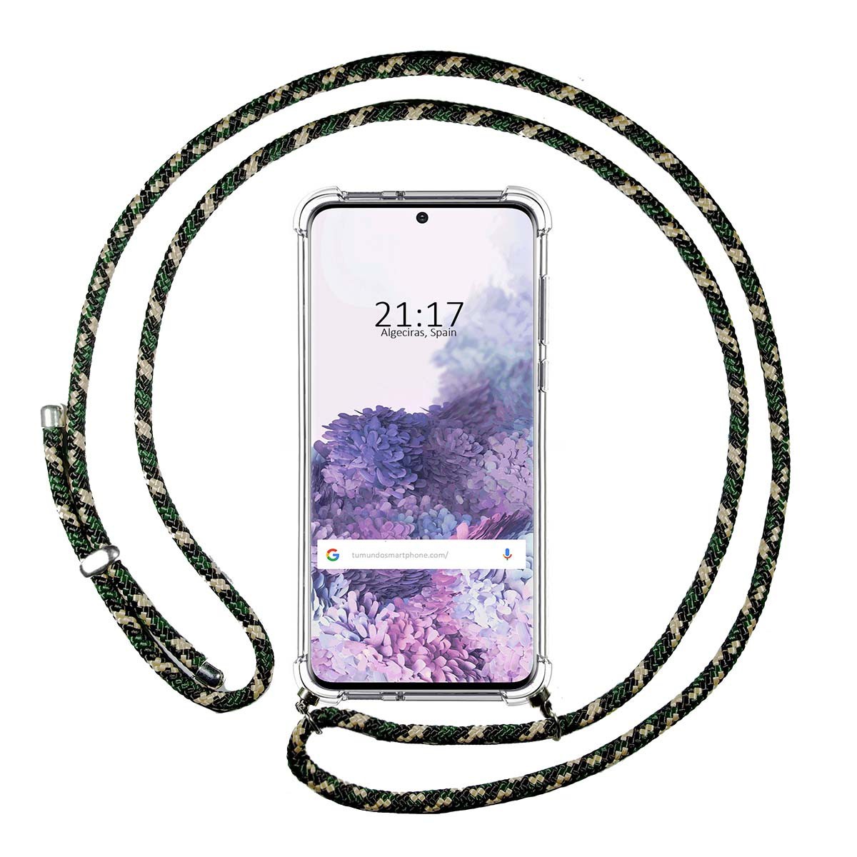 Tumundosmartphone Funda Colgante Transparente para Samsung Galaxy S20 con Cordon Verde / Dorado