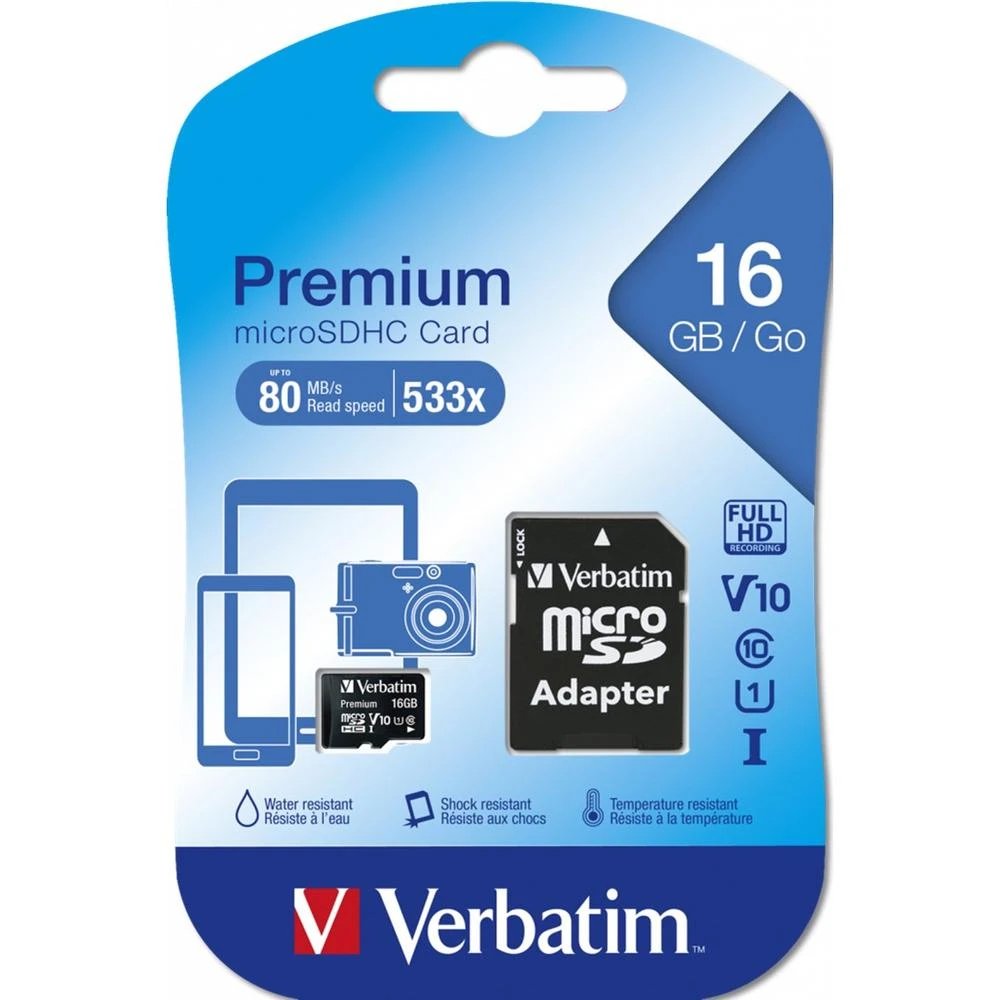 Verbatim - Tarjeta de memoria microSDHC 16 GB 44082 Clase 10 U1 con adaptador SD para smartphone, cámara y tablet, velocidad lectura 10 MB/s