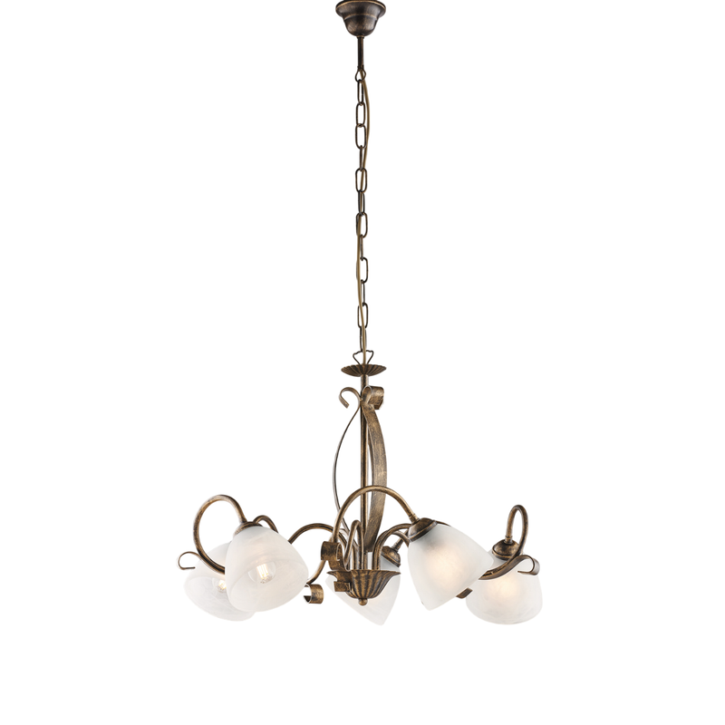 Lámpara de araña forjada en hierro lacado en color marrón con dec. Difusores de oro antiguo y cristal d. 13 alabastro blanco 5 luces 105 Ø64 - Belight