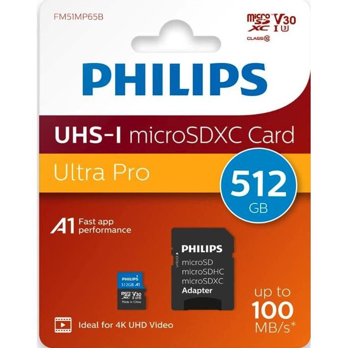 Philips - Tarjeta microSDHC FM51MP65B/00 de 512 GB, Clase 10 UHS-I para cámaras, drones y dispositivos Android