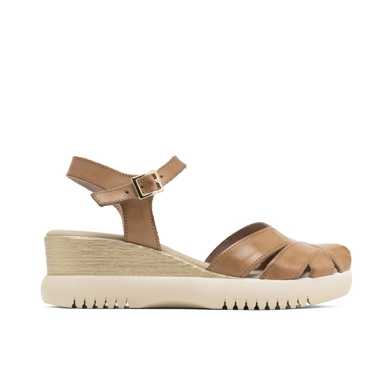 Sandalia de Cuña de Piel Emilia Taupe: Elegancia y Confort con Cuña de 5 cm y Plataforma de 3 cm, Diseño Cangrejera Troquelado, Hebilla Ajustable al Tobillo, Plantilla Acolchada de Piel para Máximo Co
