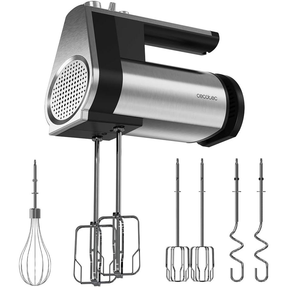 Cecotec Batidora de Varillas PowerTwist 500 Full Steel. 500 W, 5 Velocidades más Función Turbo, 3 Accesorios: Varilla de Globo, Varillas Batidoras y Garfios Amasadores, Diseño Ergonómico
