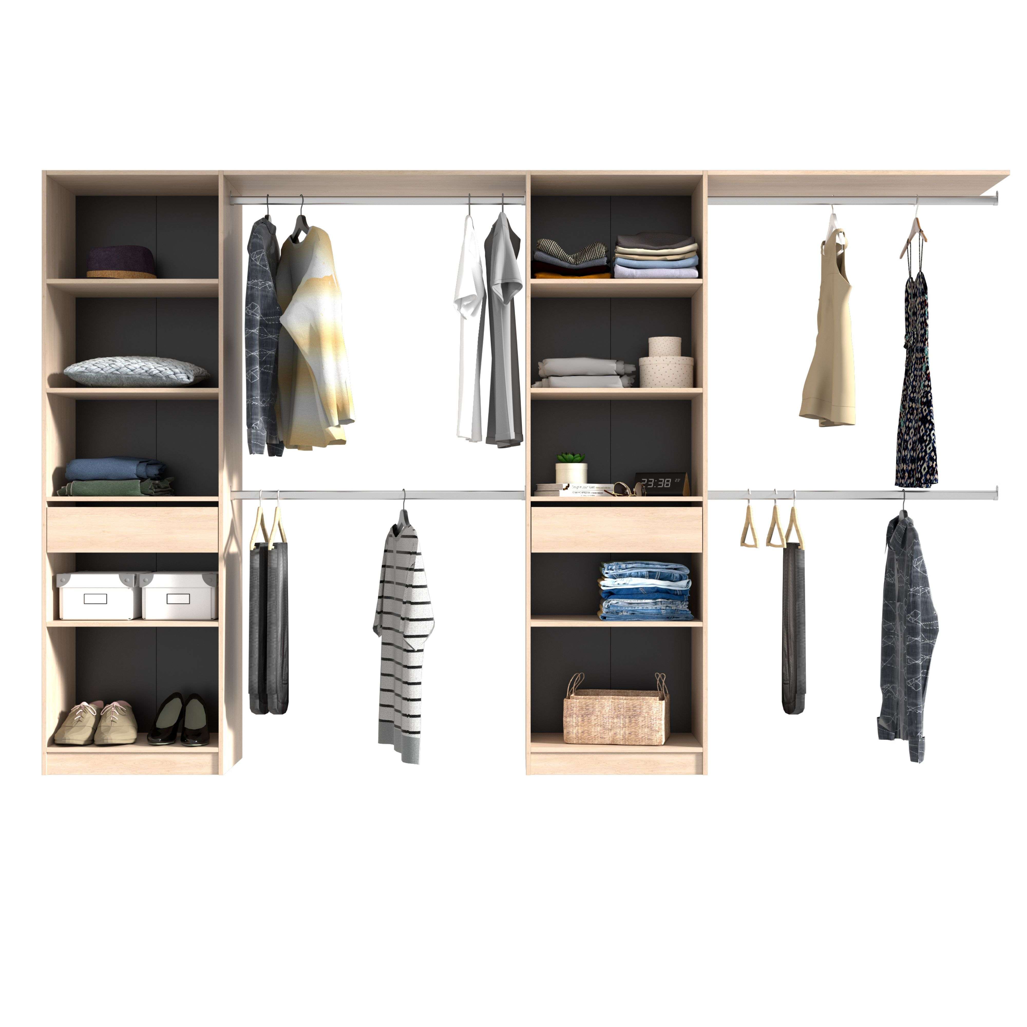 Miroytengo Vestidor Elios para Dormitorio en Color Madera Claro-Negro-Blanco 5 Estantes 1 Cajón 4 Barras 320x200x40 cm