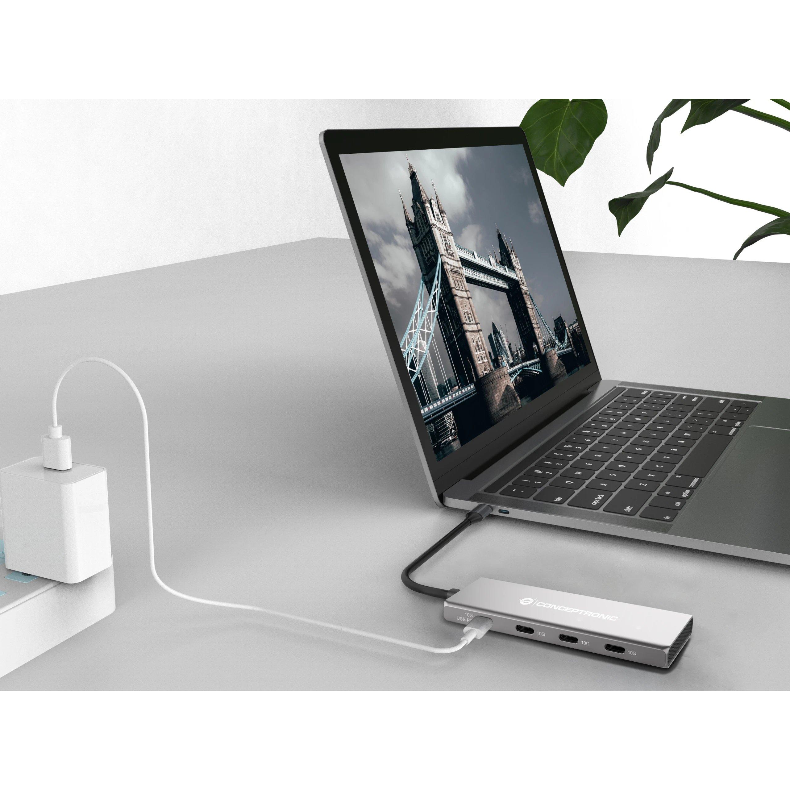HUB Switch puertos 4 puertos USB-C (conector USB-C macho integrado) CONCEPTRONIC HUBBIES16G | USB 3.2 Gen 2 (10 Gbps), Gris