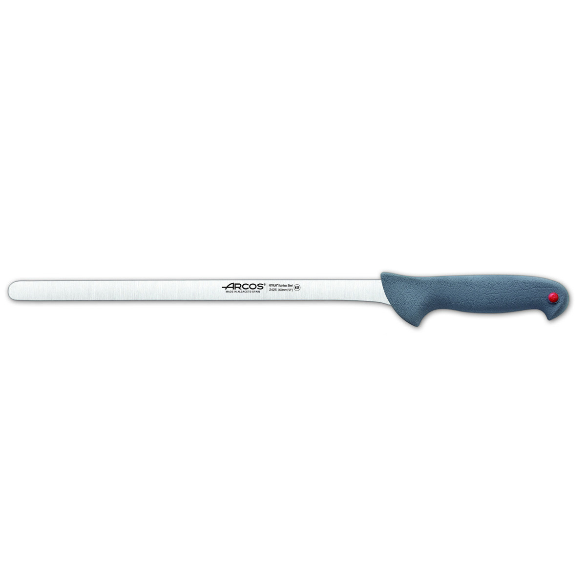 Cuchillo Jamonero Arcos Colour Prof 242600 de Acero Inoxidable Nitrum y Mango Ergonómico de Polipropileno de 30 Cm con Funda Display