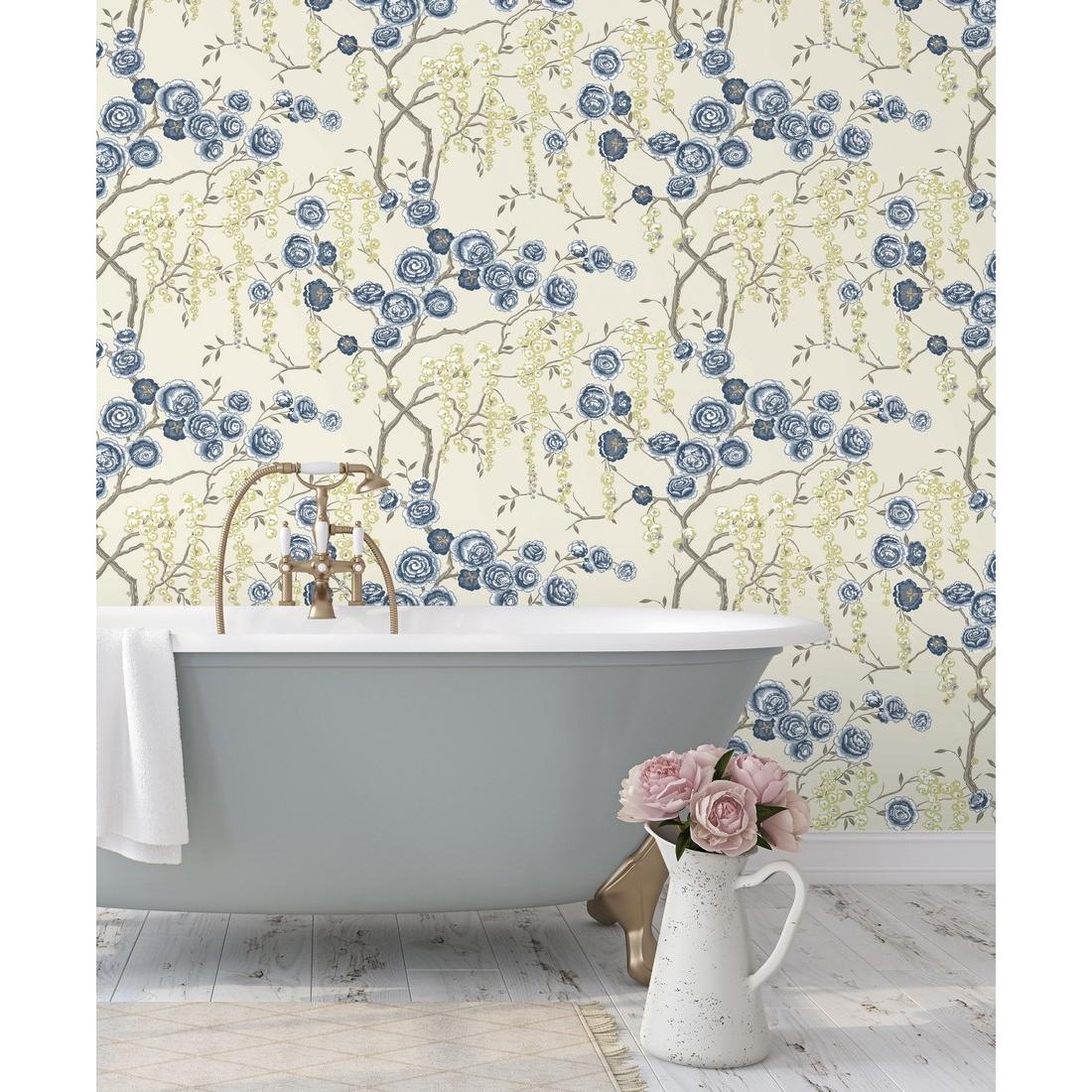 Papel pintado vinílico ecológico rosas azules y amarillas fondo claro - Olivia Bloom 679678 de GAULAN - Rollo de 10 m x 0,53 m