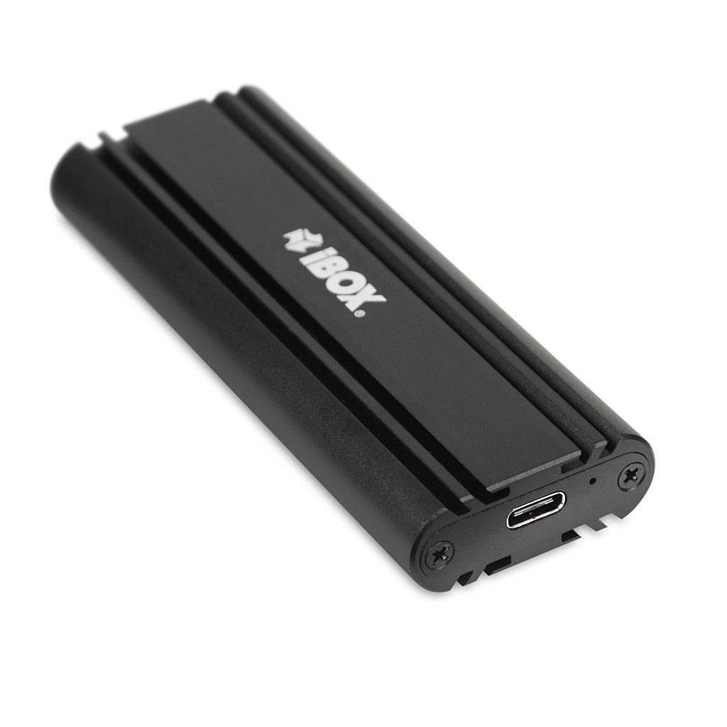 Ibox HD-07 M.2 NVMe hard drive enclosure for 2.5" SSD, supports up to 10TB storage, USB 3.2 Gen 2, compatible with Windows, Linux, and Mac, black color.