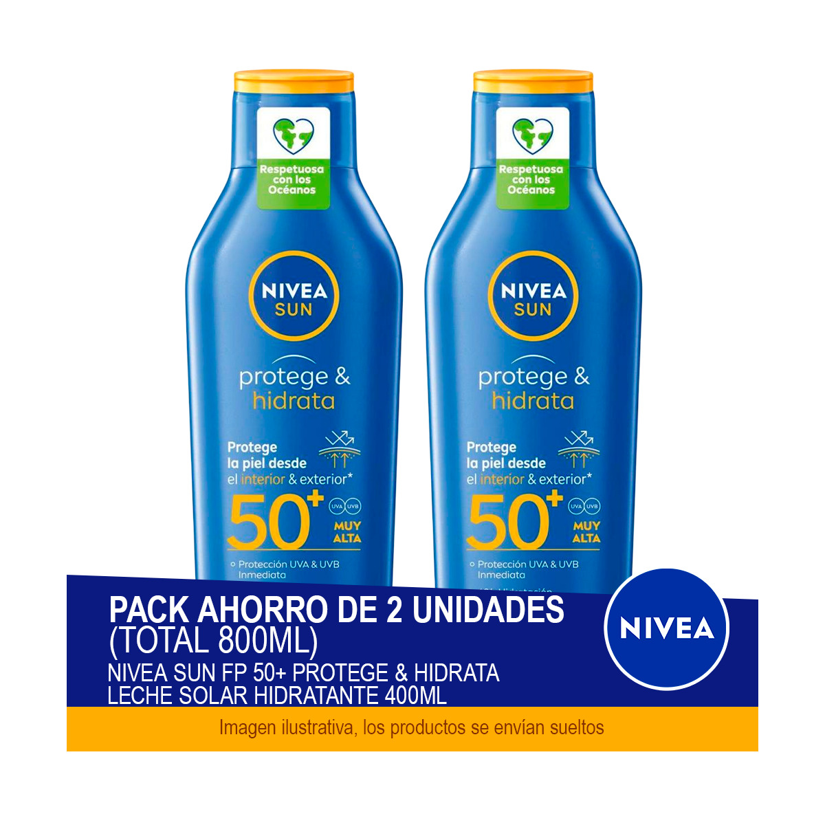 NIVEA SUN FP 50+ Protege & Hidrata Leche Solar Hidratante 400ml - Pack ahorro de 2 unidades (total 800ml)