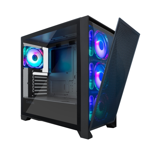 Coolbox ge2000 dualview caja torre atx, micro atx, mini-itx - frontal doble intercambiable - lateral cristal templado - tamaño hdd 2.5”, 3.5” - usb-a 3.0, usb-c y audio - 4 ventiladores argb 120mm - soporta refrigeracion liquida - color negro