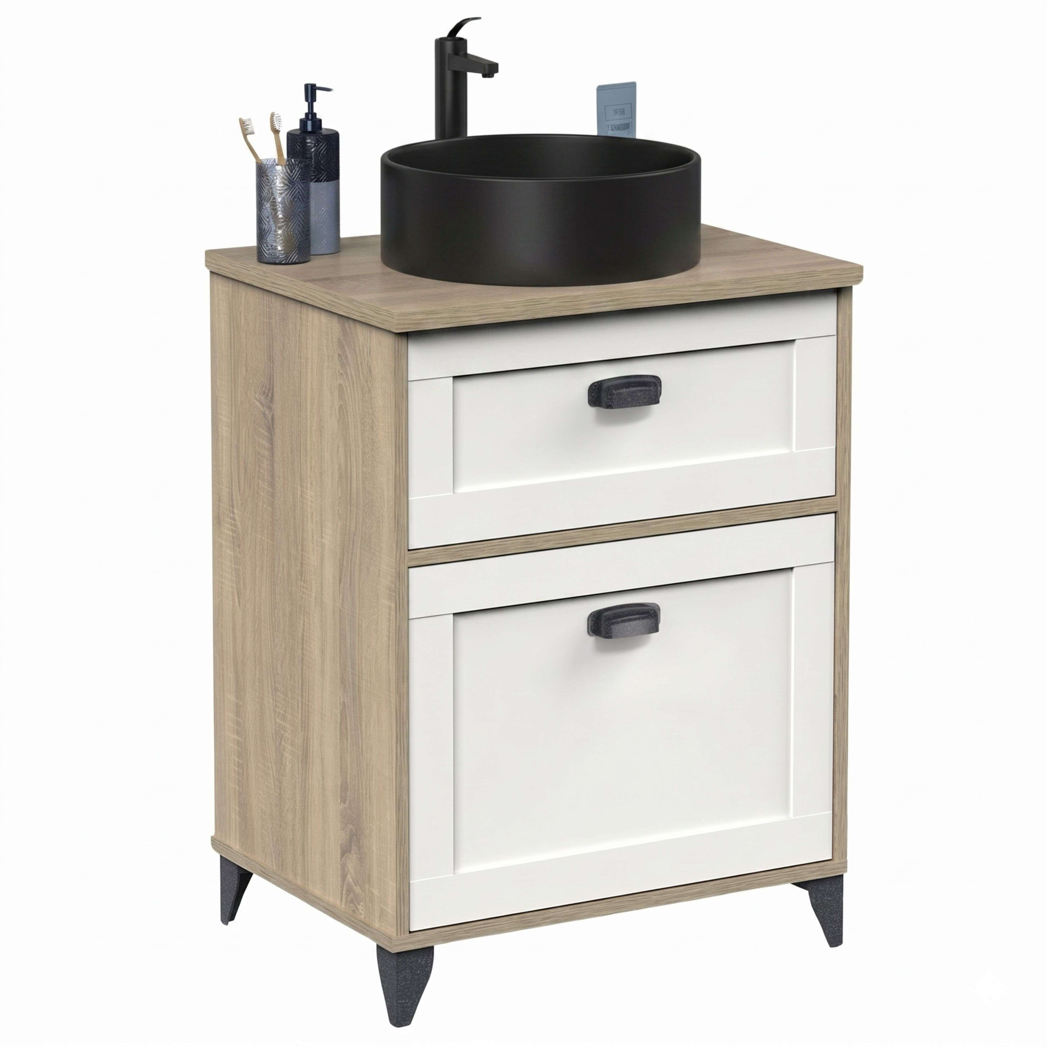 Miroytengo Mueble Baño 61 cm Toscana 1 Cajón Blanco y Roble (Con Lavabo Cerámico)
