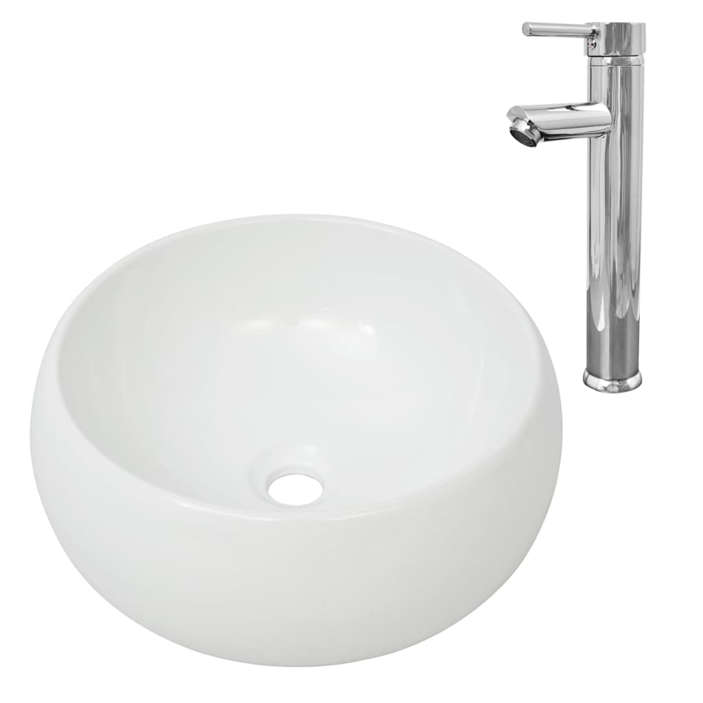 vidaXL Lavabo de baño con grifo mezclador cerámica blanco