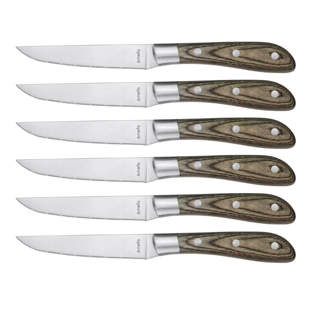 AMEFA ACHILLE BOIS Set 6 Cuchillos Chuleteros Acero Inox 23X2,4X1,5CM Madera