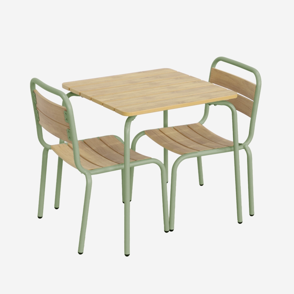 sweeek - Mesa de jardín infantil de acero y decoración de madera con 2 asientos , Suzie , 48x48x47