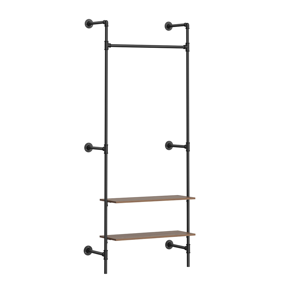 SoBuy Perchero de Pared Industrial con 2 Baldas de Madera, Negro, 92×48×220 cm
