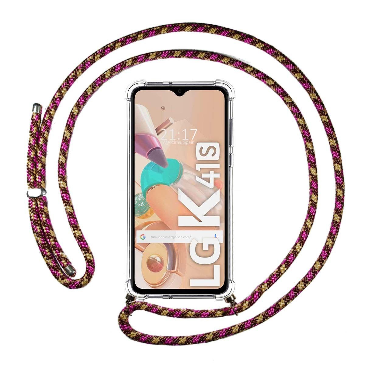 Tumundosmartphone Funda Colgante Transparente para Lg K41s con Cordon Rosa / Dorado