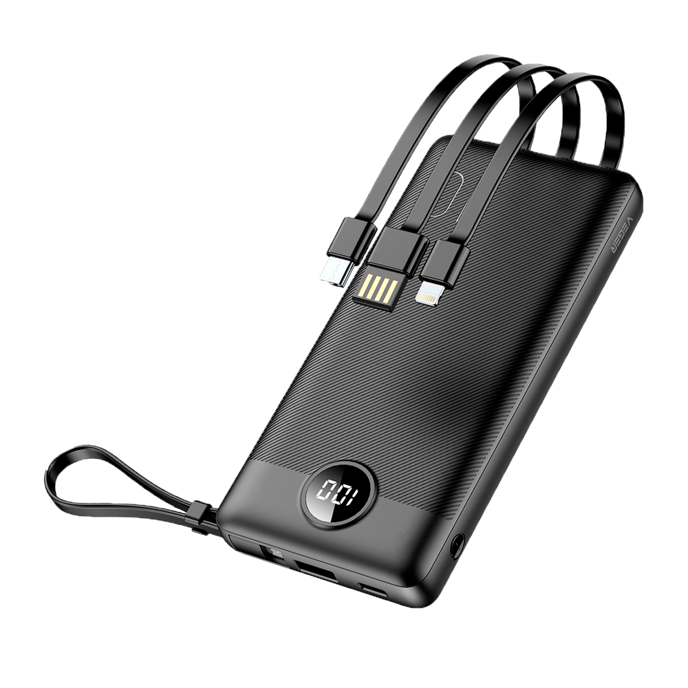 VEGER Power bank con pantalla LCD - Capacidad 10000mAh - Entradas USB-C, Cable USB-A - Salidas USB-C USB-A y cables integrados - Cables integrados USB-C, Lightning, MicroUSB - Carga 4 dispositivos a la vez