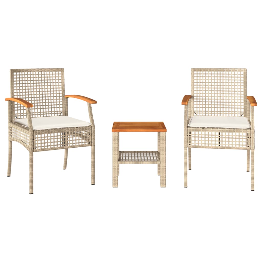vidaXL Mesita y sillas con cojines 3 pzas ratán PE madera acacia beige