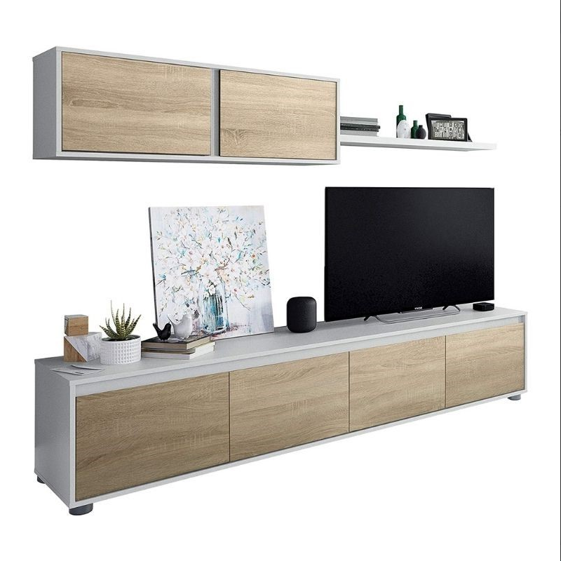 MOBELCENTER - Mueble salón Moderno Alida, Módulo TV, Módulo Superior y Estante - Blanco Artik y Roble Canadian - An: 200cm x Al: 43cm x F: cm (0903)