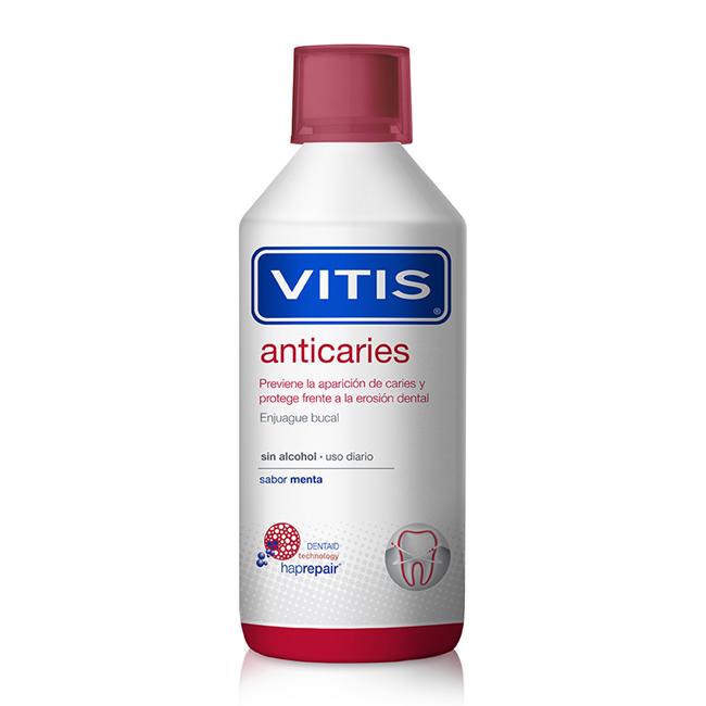 Vitis - Colutorio Anticaries VITIS ANTICARIES 500 ml con nanopartículas de hidroxiapatita, flúor y xylitol para reparación profunda del esmalte dental y protección contra caries y erosión