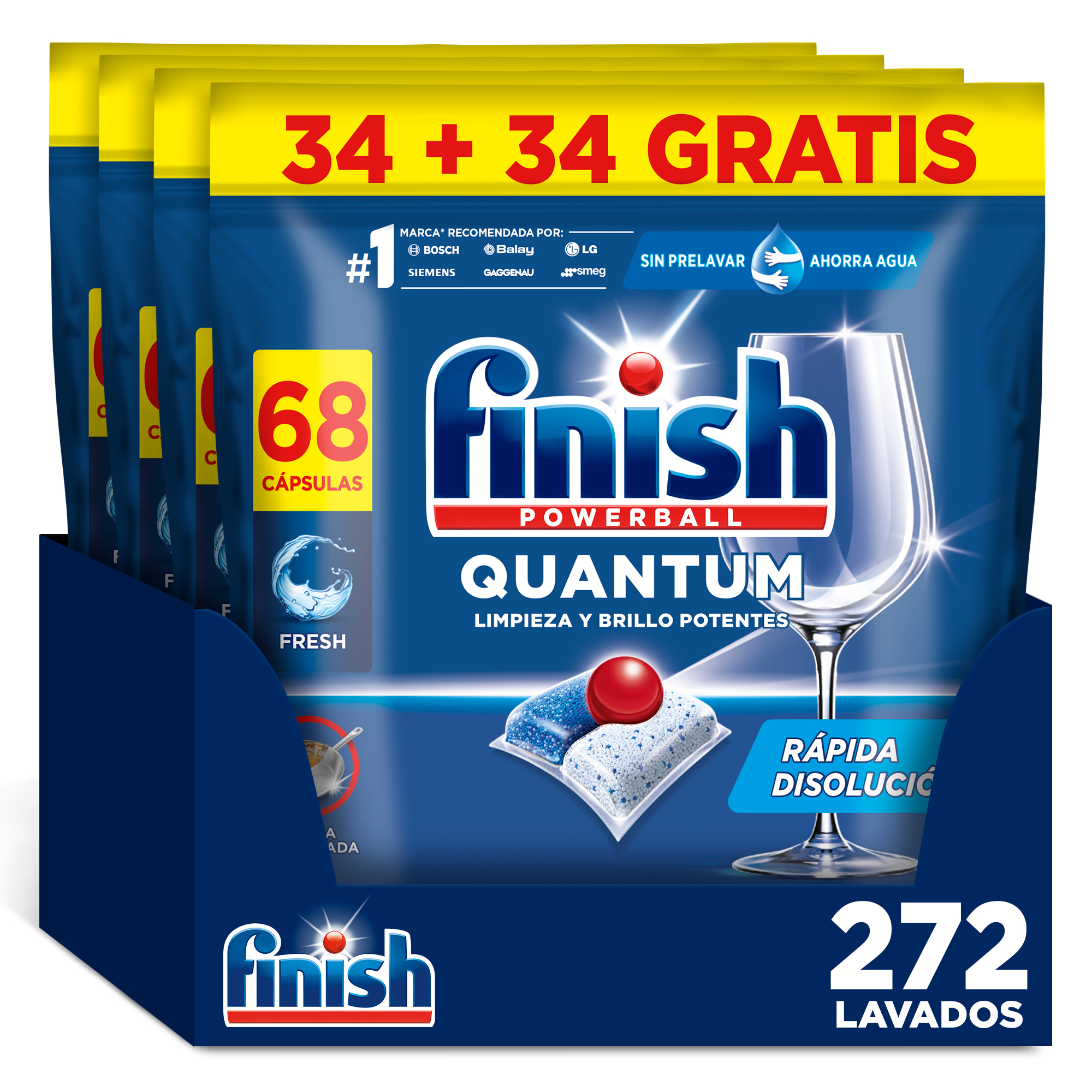 Finish Powerball Quantum, 136 | 204 | 272 Pastillas para Lavavajillas, Limpieza y Brillo Potentes, Aroma Regular Formato 2x68 | 3x68