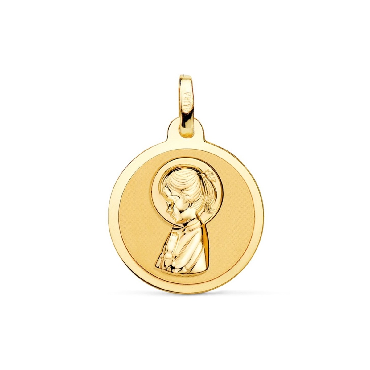 Medalla oro 18k Virgen Niña 18mm. rezando relieve fondo liso redonda