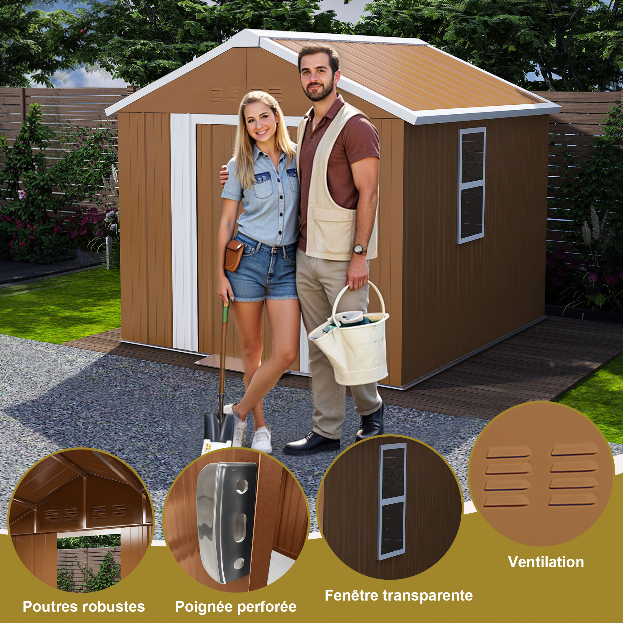Abri de jardin métallique brun avec toit à deux pentes, portes coulissantes, fenêtres et ventilation