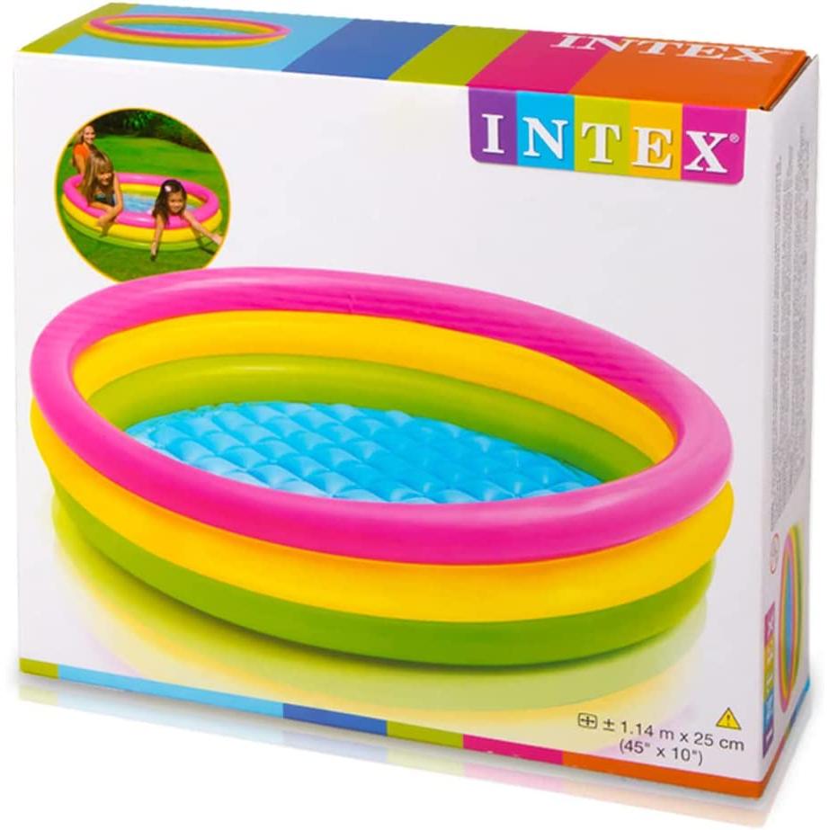 Intex - Piscina hinchable 3 aros sunset 114 x 25cm, color Rosa, Amarillo, Verde, INTEX 57412