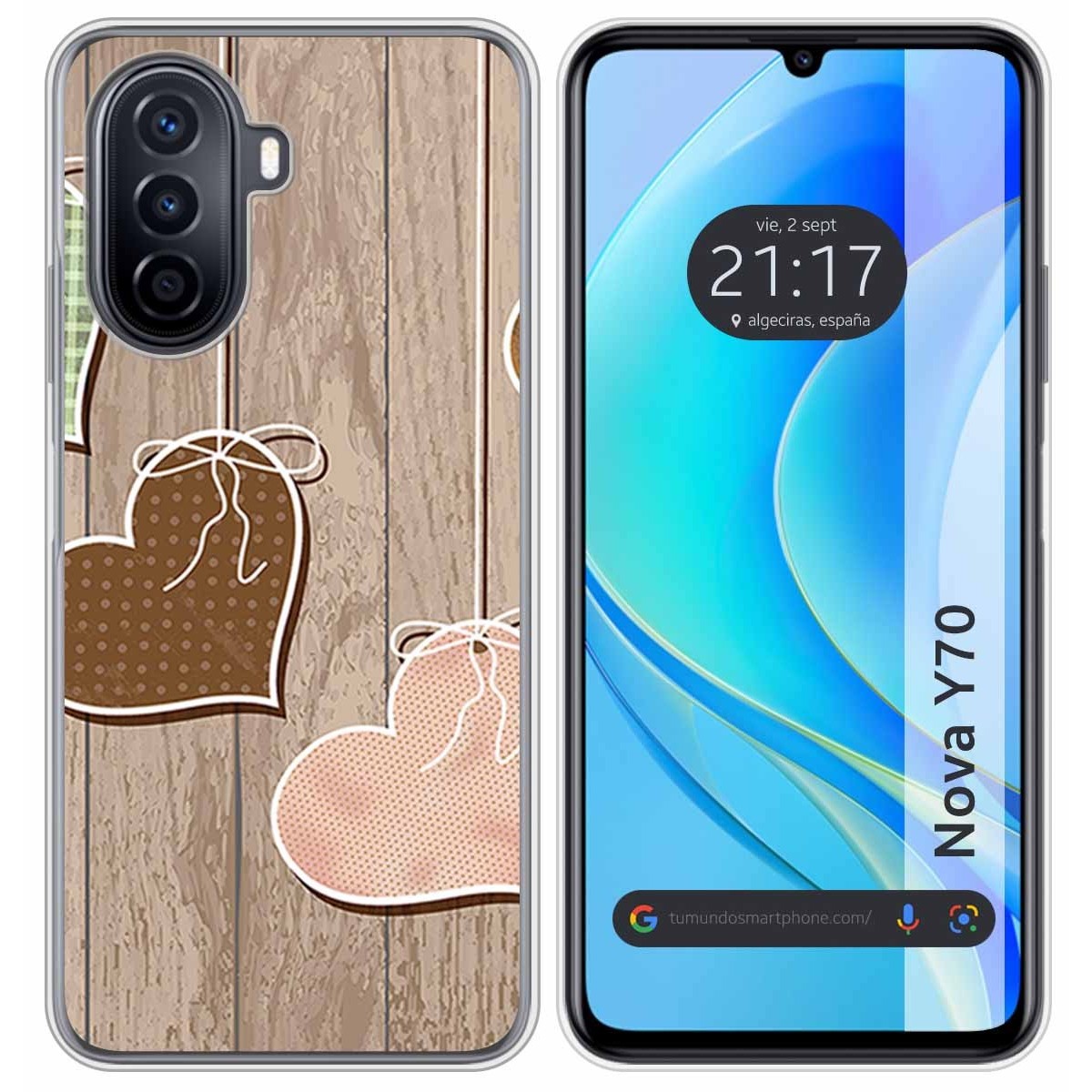 Funda Silicona para Huawei Nova Y70 diseño Corazones Madera Dibujos