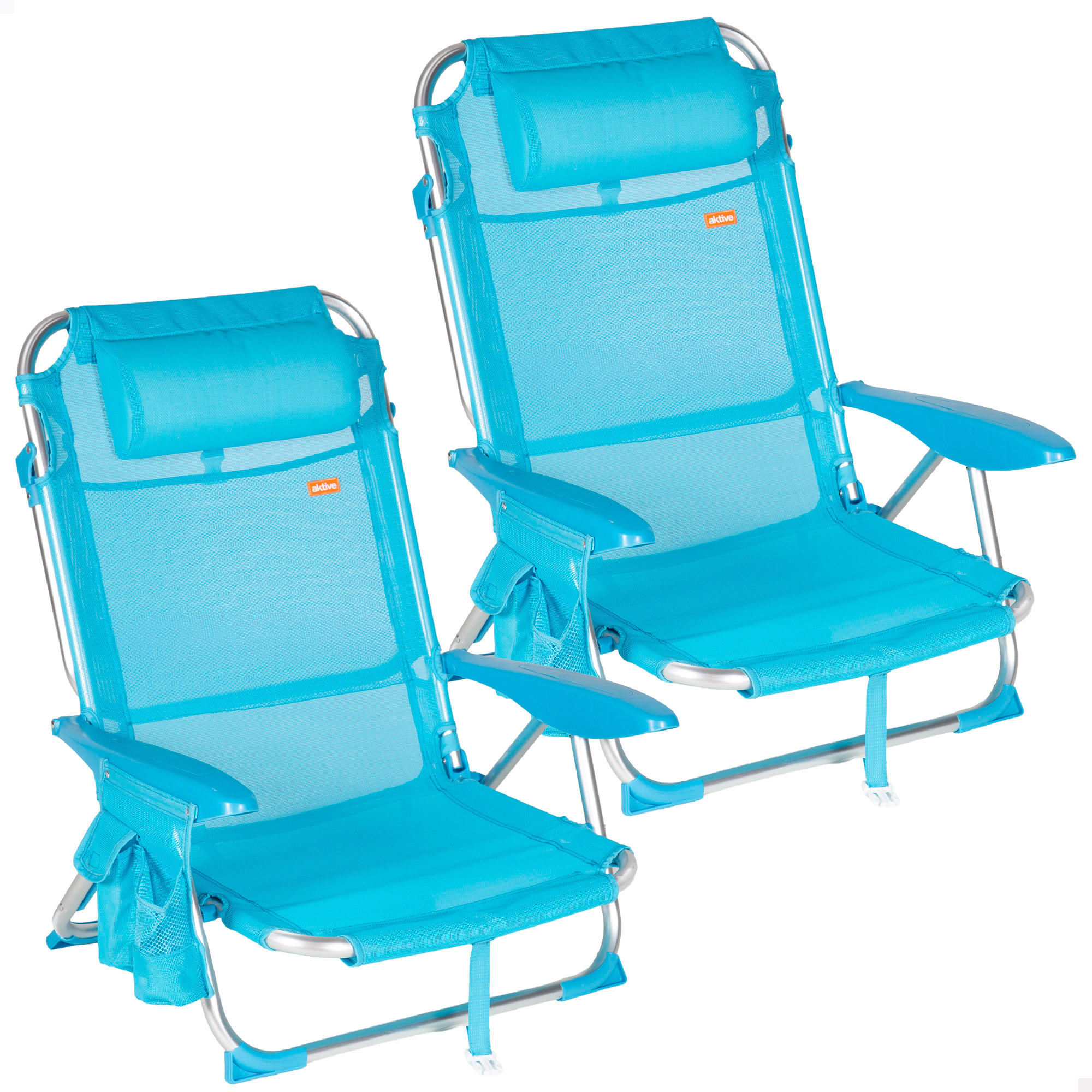 Aktive - Silla de playa plegable multiposición_ aluminio y textileno_ asiento bajo_ incluye bolsillo lateral_ cojín acolchado_ asa de transporte_ silla reclinable de playa_ respaldo reclinable
