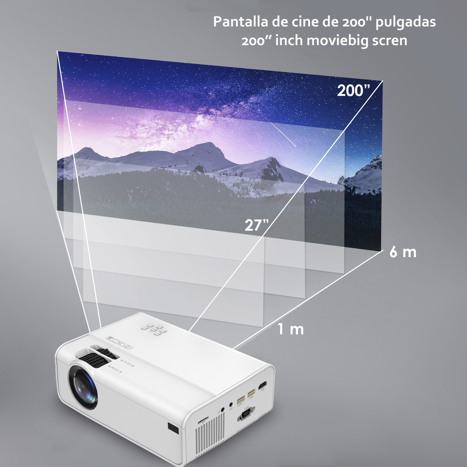 Video proyector LED con duplicación de pantalla para iOS y Android. Hasta  150 pulgadas, contraste 3000