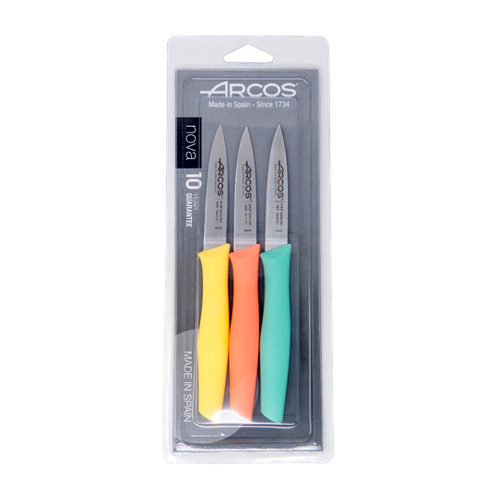 Arcos Set Cuchillos Mondadores. 3 Piezas Acero Inoxidable. Cuchillos Cocina Peladores Multicolor para Pelar Frutas y Verduras. Mango Ergonómico Polipropileno. Serie Nova. Naranja, Amarillo y Azul.