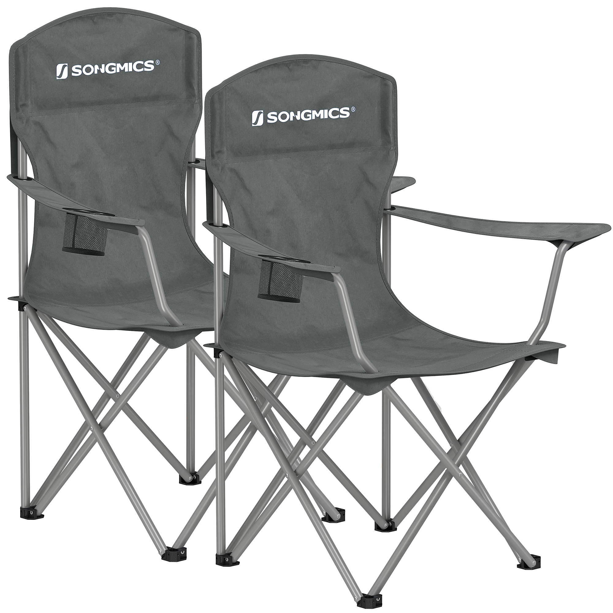 SONGMICS Sillas de Camping, Juego de 2 Sillas de Exterior, Respaldo Alto, Apoyabrazos, Bolsillo para Tazas, Portátil, Plegable, Carga de 150 kg, Acampada, Jardín, Pesca, Terraza, Azul/Gris Pizarra/Azul Crepúsculo/Negro/Verde Oscuro