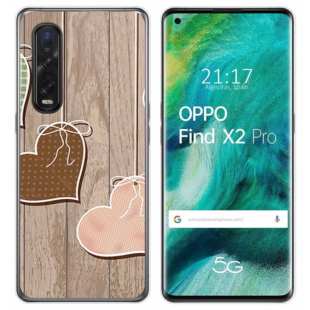 Tumundosmartphone Funda Gel Tpu para Oppo Find X2 Pro diseño Corazones Madera Dibujos