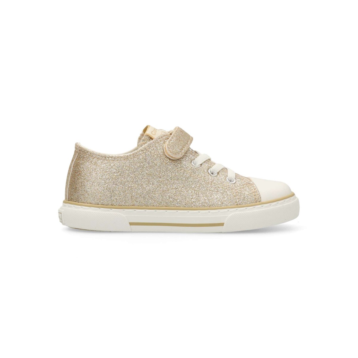 Conguitos - Zapatillas bajas de lona con glitter dorado para niña, silueta clásica y cierre práctico con tira adherente y cordón elástico