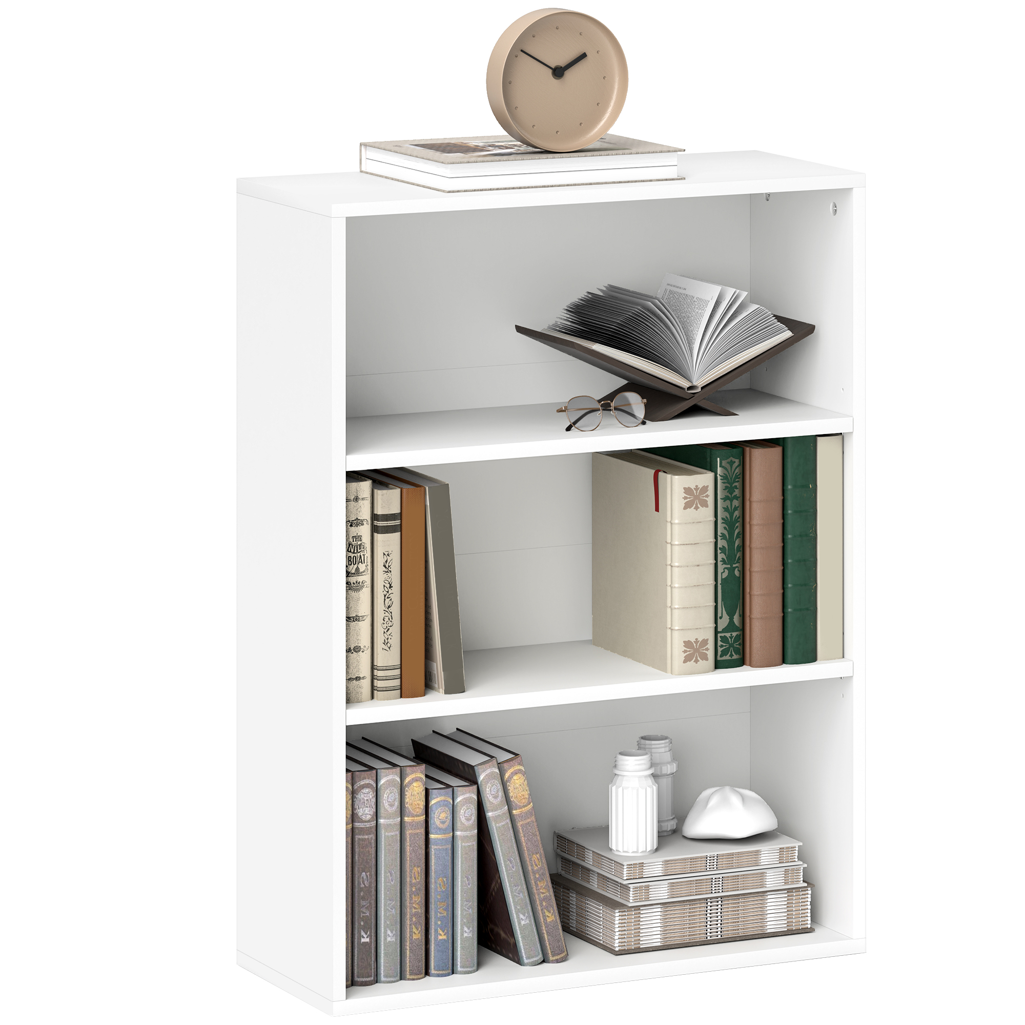 HOMCOM Librería de 3 Niveles Estantería de Libros con 2 Estantes Ajustables para Sala de Estar Oficina Dormitorio  Blanco