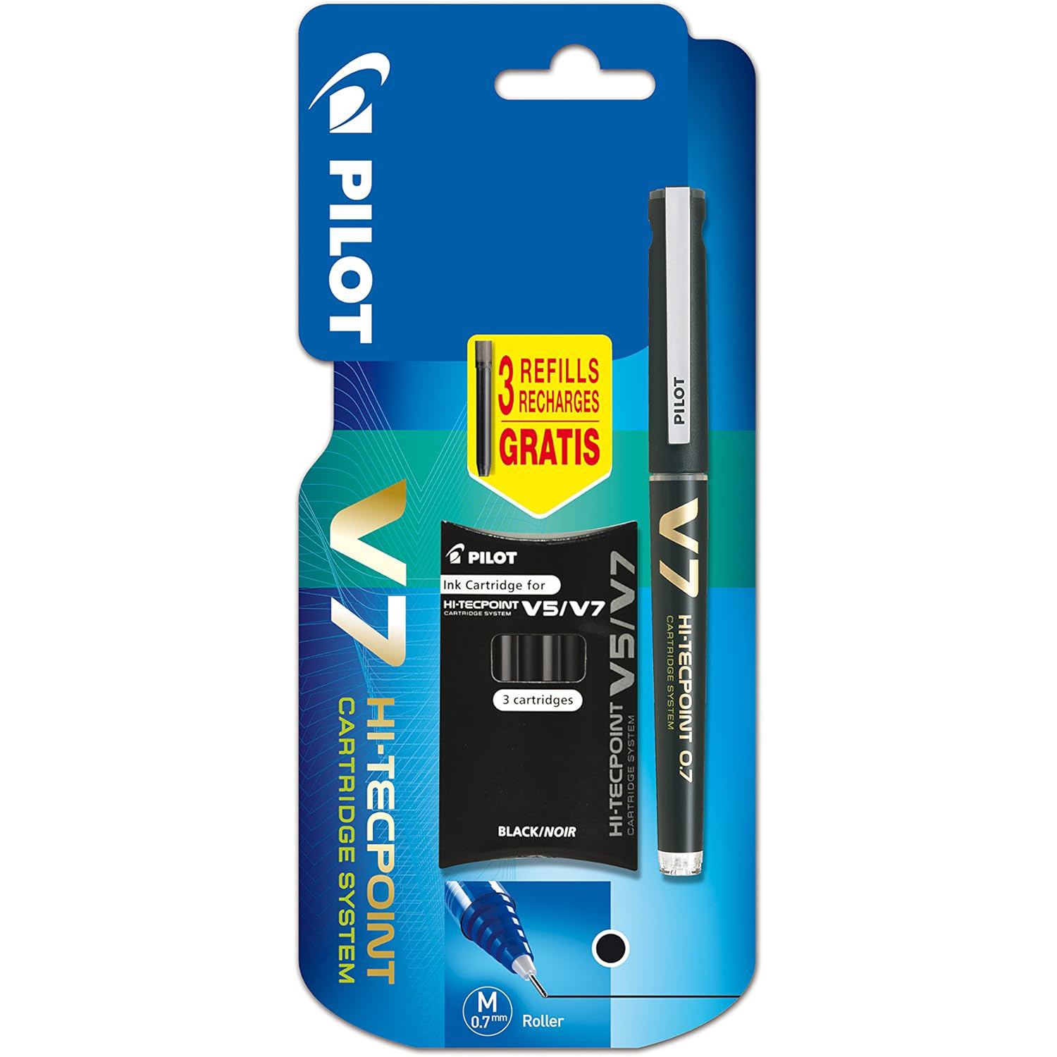 Pilot Bolígrafo Hi-Tecpoint V7 + Pack de 3 Recargas Color Negro