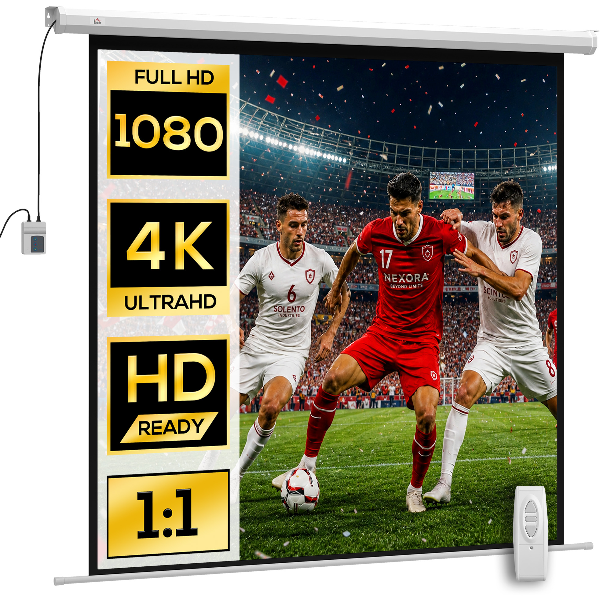 HOMCOM Pantalla de Proyector Eléctrica, Pantalla de Proyección con Control Remoto, Formato 1:1, HD 4K, para Interior y Exterior, Eventos Deportivos, Cine en Casa, Oficina, Blanco